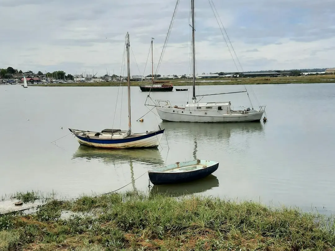 a couple of boats sit in a harbor